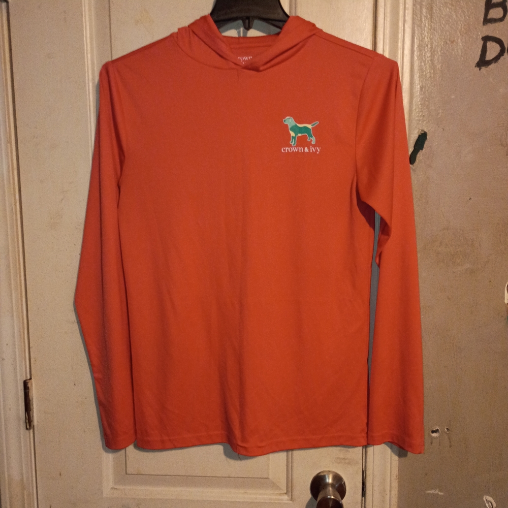 crown & ivy Coral Hooded Long Sleeve Tee with Teal Dog Logo